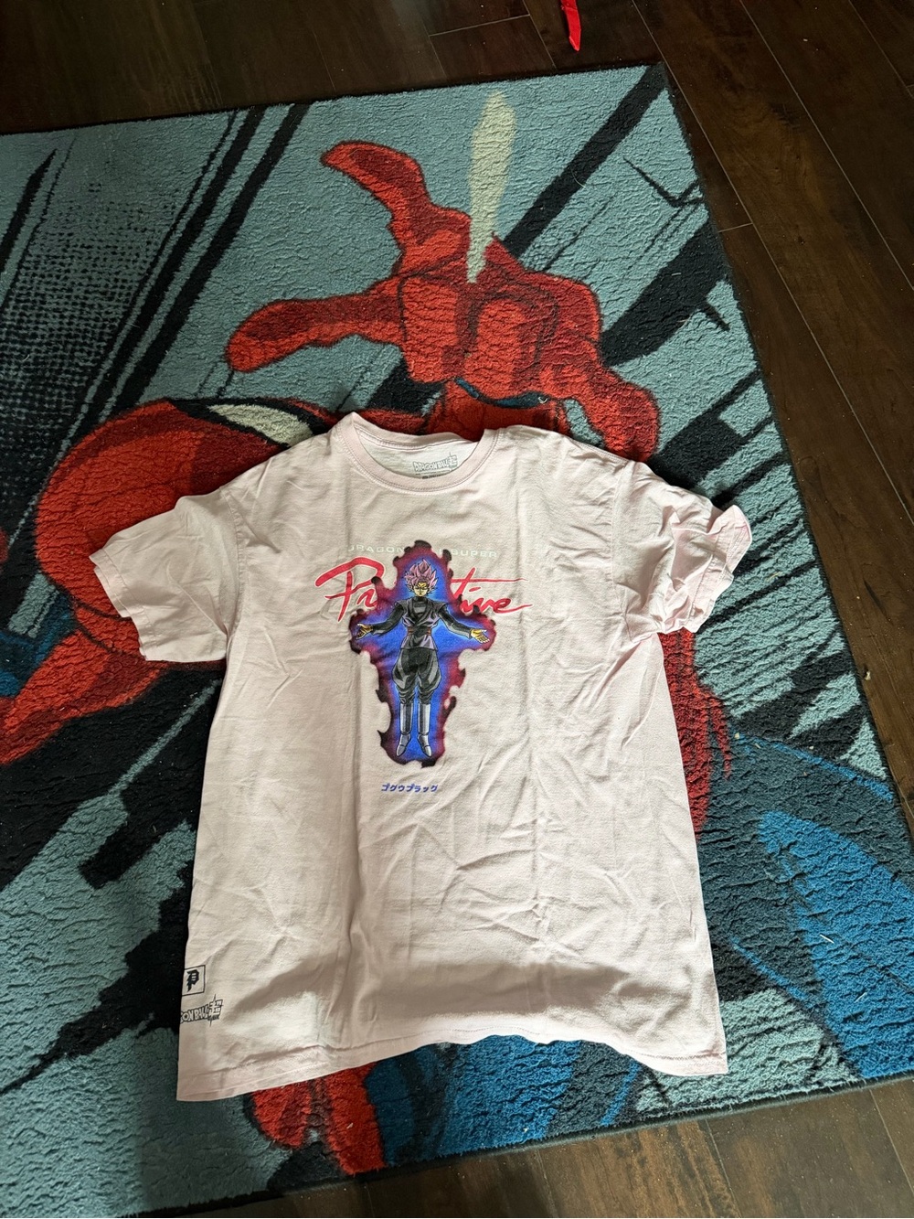 Primitive Goku Black Light Pink Graphic Tee with Purple & Blue Character